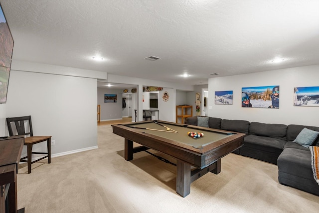 rec room featuring a textured ceiling, pool table, light carpet, visible vents, and recessed lighting