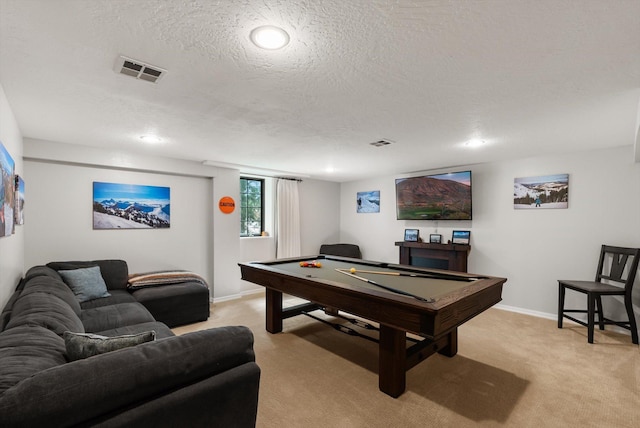 game room featuring light carpet, billiards, and visible vents