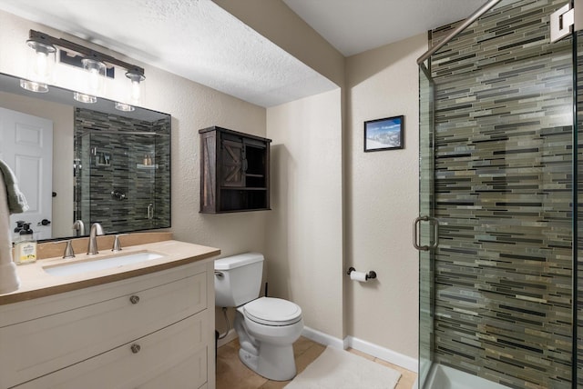 bathroom featuring a shower stall, toilet, a textured wall, and tile patterned floors