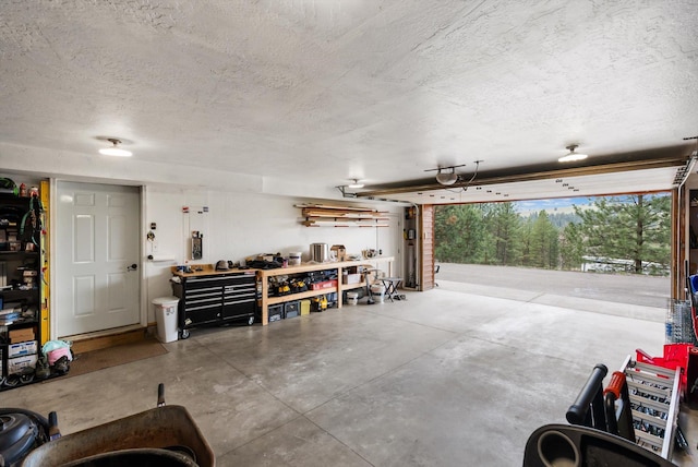 garage featuring a workshop area and a garage door opener
