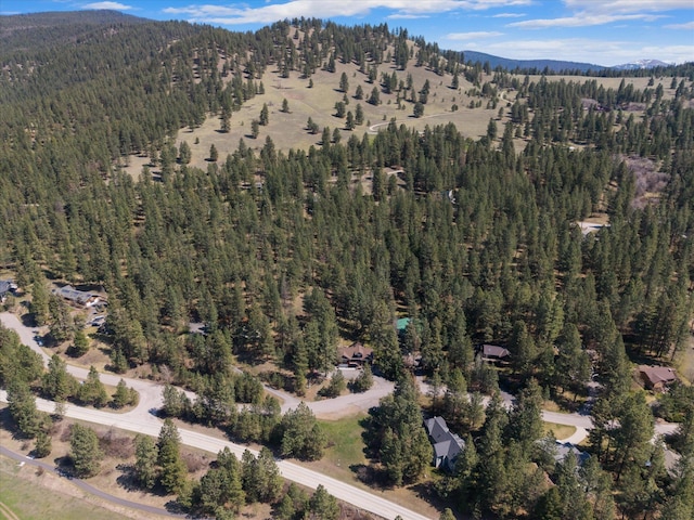 bird's eye view featuring a mountain view and a wooded view