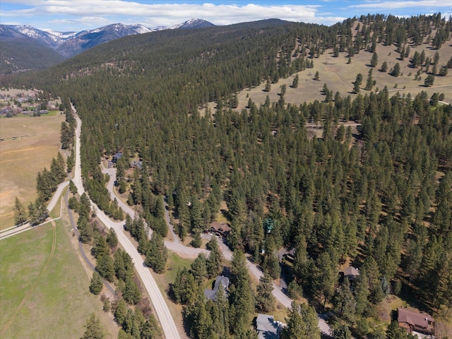 aerial view with a view of trees and a mountain view
