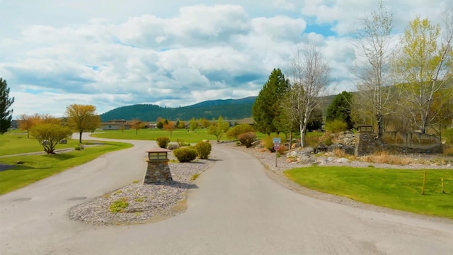 view of property's community with a yard and a mountain view