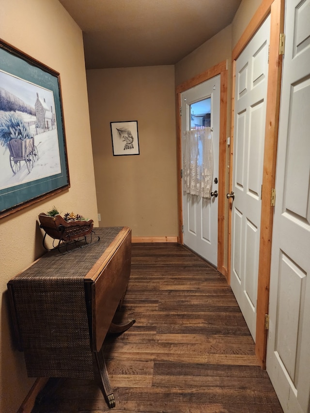 hallway featuring baseboards and dark wood-style floors