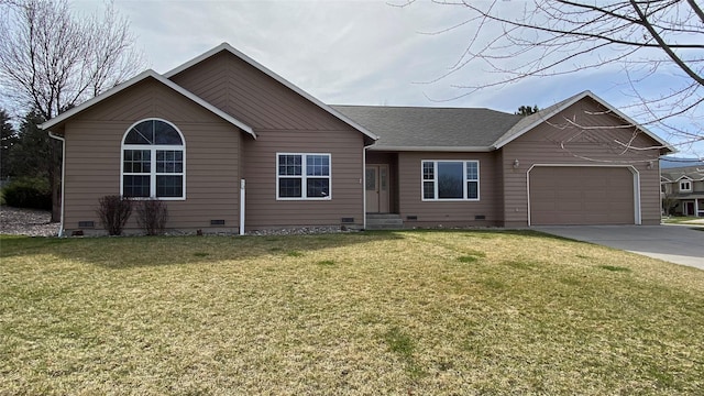 5055 Jordan Ct, Missoula, MT 59803 - single story home with crawl space, an attached garage, driveway, a front lawn, and roof with shingles