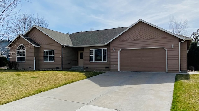 5055 Jordan Ct, Missoula, MT 59803 - ranch-style home featuring an attached garage, concrete driveway, a front yard, crawl space, and a shingled roof
