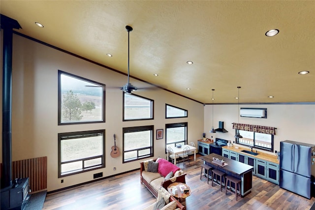 87 Velvet Grv, Eureka, MT 59917 - living room with a wood stove, wood finished floors, recessed lighting, ornamental molding, and healthy amount of natural light