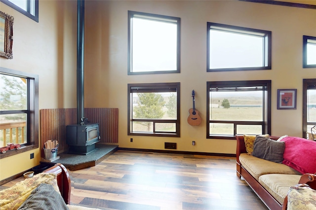 87 Velvet Grv, Eureka, MT 59917 - living room featuring a high ceiling, a wood stove, wood finished floors, and plenty of natural light