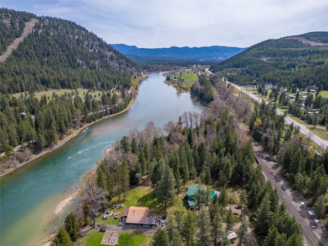 birds eye view of property featuring a water and mountain view and a forest view
