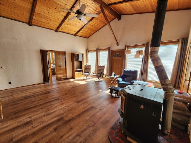 living room featuring beam ceiling, wood finished floors, ceiling fan, wood ceiling, and high vaulted ceiling
