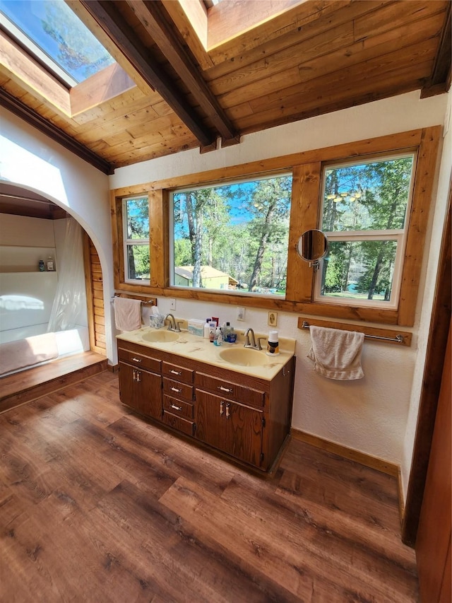 bathroom featuring a skylight, plenty of natural light, wooden ceiling, and a sink