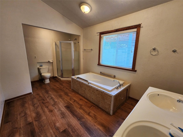 full bathroom featuring a shower stall, lofted ceiling, wood finished floors, and a sink