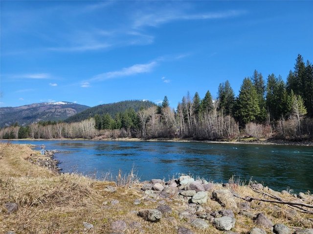 view of water feature featuring a wooded view and a mountain view