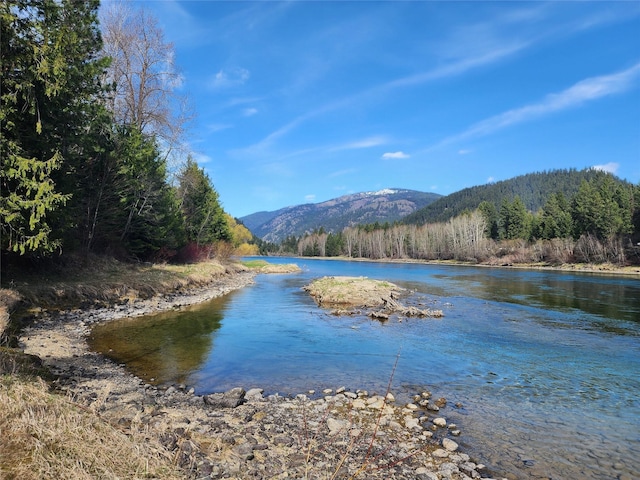 property view of water featuring a forest view and a mountain view