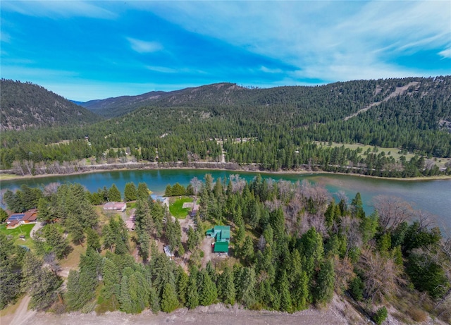 bird's eye view with a water and mountain view and a forest view