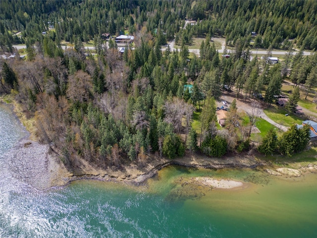 birds eye view of property with a forest view and a water view