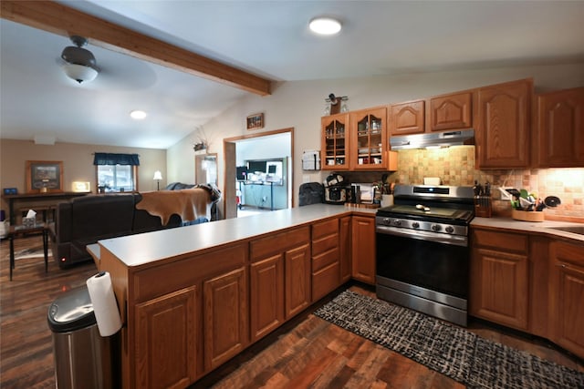 57 Fir St, Trout Creek, MT 59874 - kitchen featuring stainless steel range oven, under cabinet range hood, a peninsula, glass insert cabinets, and dark wood-type flooring