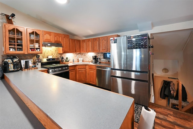 57 Fir St, Trout Creek, MT 59874 - kitchen featuring appliances with stainless steel finishes, under cabinet range hood, vaulted ceiling, glass insert cabinets, and backsplash