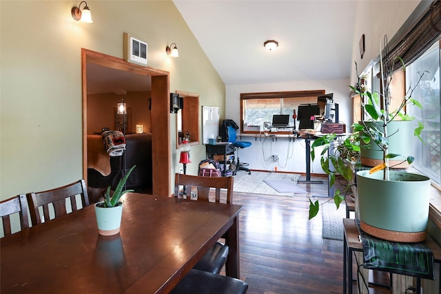 57 Fir St, Trout Creek, MT 59874 - dining room with an office area, high vaulted ceiling, and wood finished floors