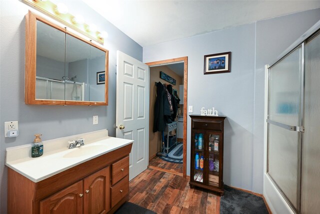 57 Fir St, Trout Creek, MT 59874 - bathroom featuring an enclosed shower, vanity, and wood finished floors