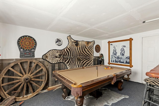 recreation room with carpet floors and billiards
