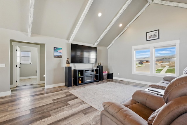 living area with baseboards, a wealth of natural light, high vaulted ceiling, and wood finished floors