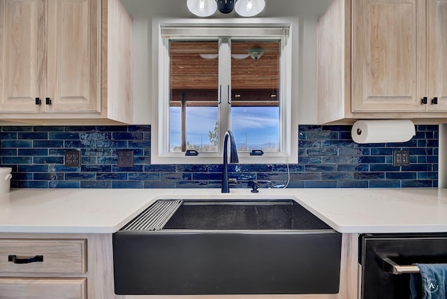 3570 Juniper Dr, Helena, MT 59602 - kitchen featuring light brown cabinets, decorative backsplash, and dishwasher