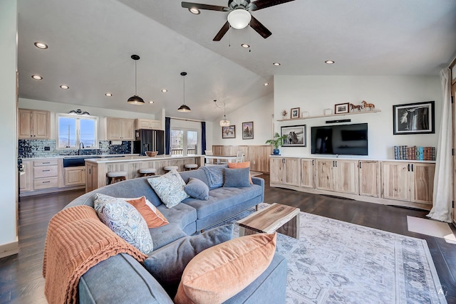 3570 Juniper Dr, Helena, MT 59602 - living area featuring ceiling fan, vaulted ceiling, dark wood finished floors, and recessed lighting
