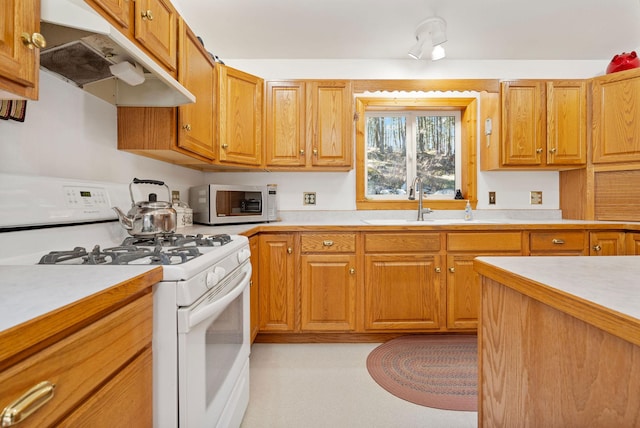 1000 Kelley Rd, Columbia Falls, MT 59912 - kitchen featuring white appliances, under cabinet range hood, a sink, and light countertops