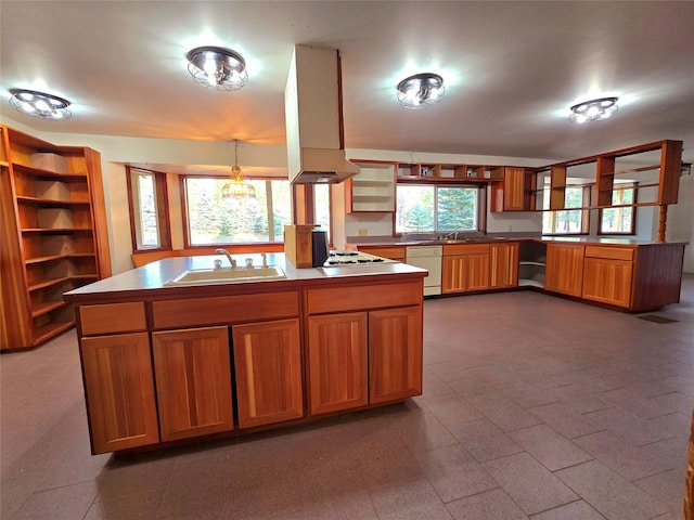 225 Marten Creek Rd, Trout Creek, MT 59874 - kitchen with open shelves, white appliances, brown cabinets, and a kitchen island