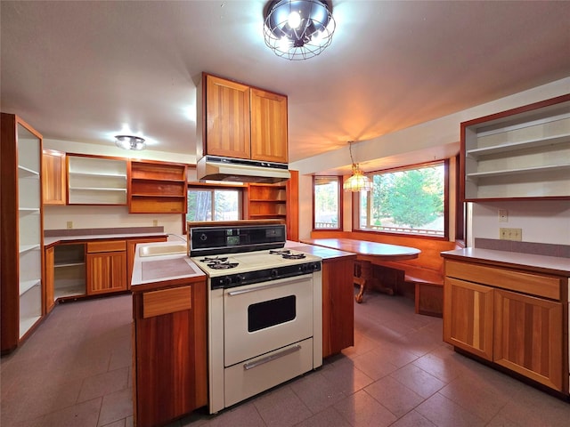 225 Marten Creek Rd, Trout Creek, MT 59874 - kitchen featuring open shelves, white gas stove, under cabinet range hood, brown cabinetry, and dark tile patterned flooring