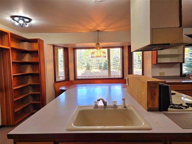 225 Marten Creek Rd, Trout Creek, MT 59874 - kitchen with open shelves, plenty of natural light, and hanging light fixtures