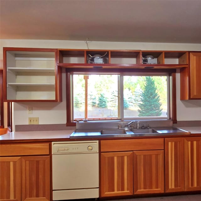 225 Marten Creek Rd, Trout Creek, MT 59874 - kitchen featuring white dishwasher, open shelves, and brown cabinets