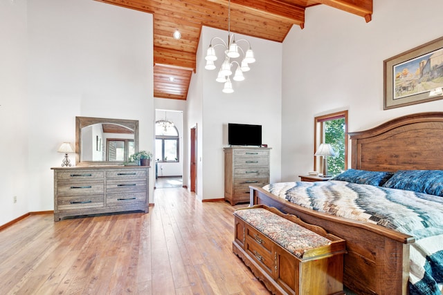 2549 Horseshoe Hills Trl, Seeley Lake, MT 59868 - bedroom featuring high vaulted ceiling, a wooden ceiling with exposed beams, a chandelier, and light wood finished floors