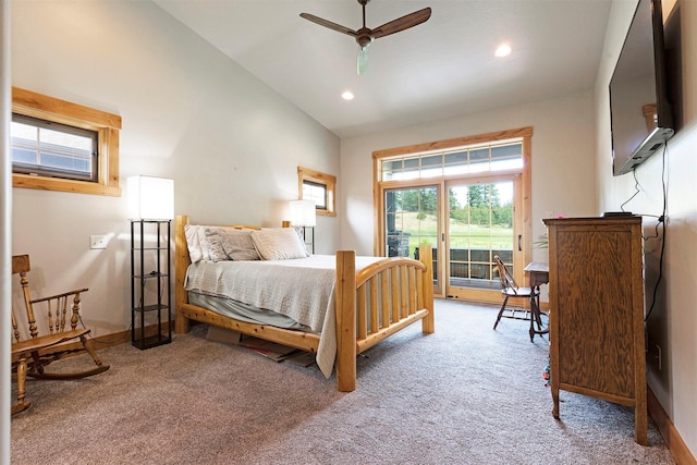 780 Anglers Bend Way, Missoula, MT 59802 - carpeted bedroom with vaulted ceiling, baseboards, recessed lighting, access to outside, and ceiling fan