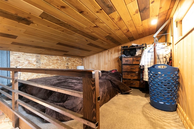 bedroom featuring wooden ceiling, lofted ceiling, wood walls, and carpet floors