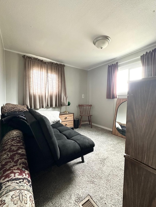 carpeted living area with baseboards, a textured ceiling, and ornamental molding