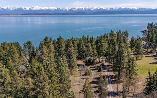 aerial view featuring a water and mountain view