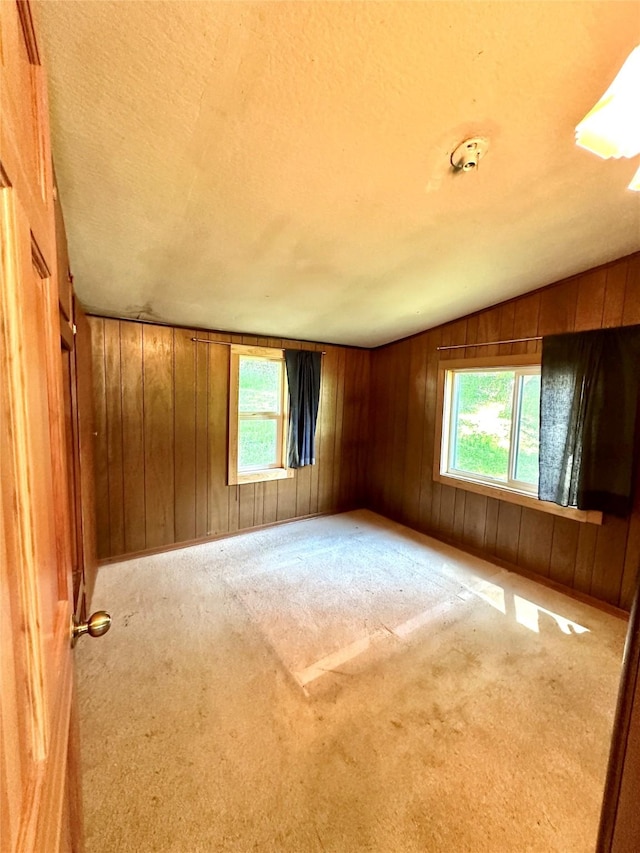 spare room with wooden walls, plenty of natural light, lofted ceiling, and carpet