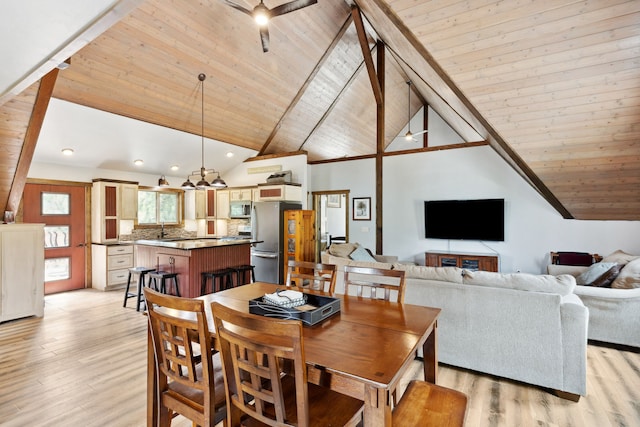 5608 Trinity Way, Florence, MT 59833 - dining area with light wood-style flooring, beam ceiling, recessed lighting, wood ceiling, and high vaulted ceiling