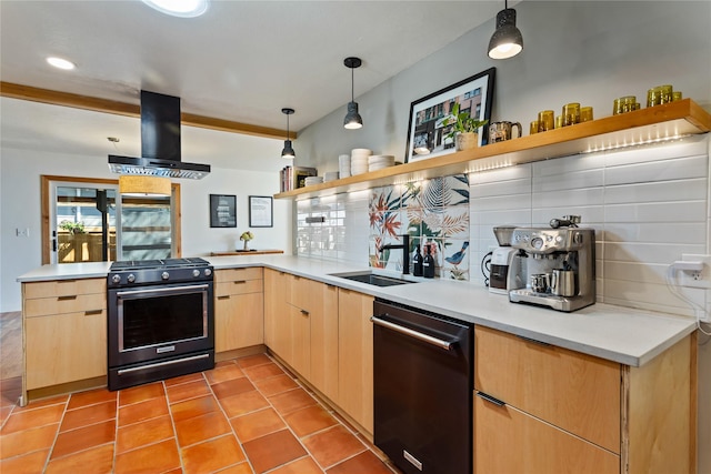 4210 Lincoln Rd, Missoula, MT 59802 - kitchen with stainless steel range with gas stovetop, open shelves, dishwashing machine, island range hood, and light brown cabinetry