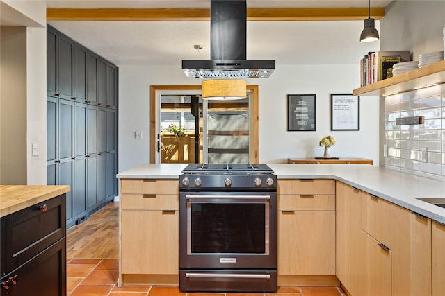 4210 Lincoln Rd, Missoula, MT 59802 - kitchen with light brown cabinetry, stainless steel gas stove, island exhaust hood, a peninsula, and open shelves