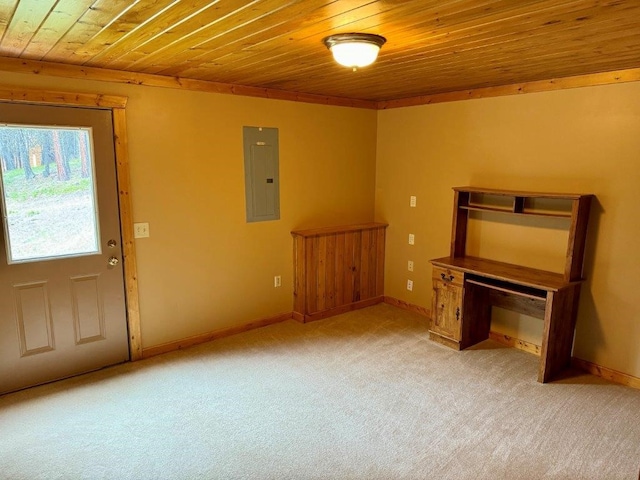 1180 Grandview Dr, Seeley Lake, MT 59868 - interior space with electric panel, wooden ceiling, and light colored carpet