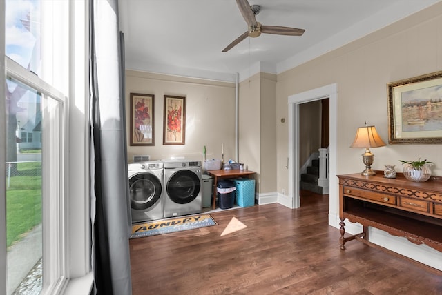 360 White House Ln, Bonner, MT 59823 - washroom with washing machine and dryer, a ceiling fan, healthy amount of natural light, and wood finished floors