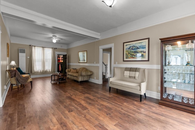 360 White House Ln, Bonner, MT 59823 - sitting room with wood finished floors, baseboards, ceiling fan, and beam ceiling