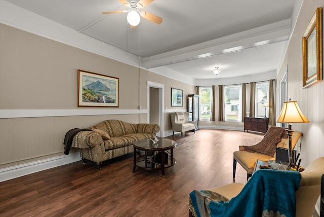 360 White House Ln, Bonner, MT 59823 - living room featuring wood finished floors, ceiling fan, and a wainscoted wall