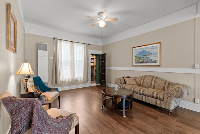 360 White House Ln, Bonner, MT 59823 - living room with wood finished floors, a ceiling fan, and a wainscoted wall
