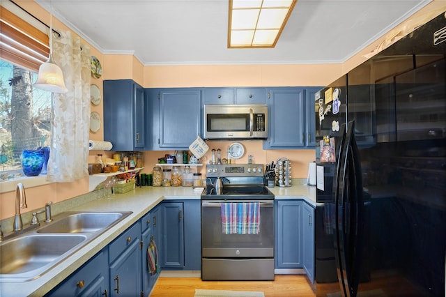 kitchen with blue cabinetry, wood finished floors, a sink, and light countertops