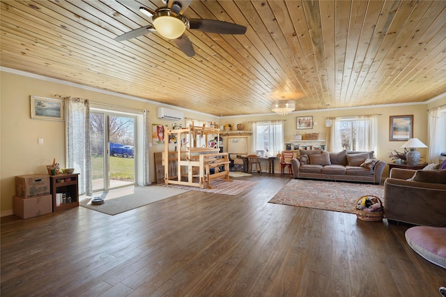 exercise room featuring a barn door, wood finished floors, wooden ceiling, a wealth of natural light, and crown molding