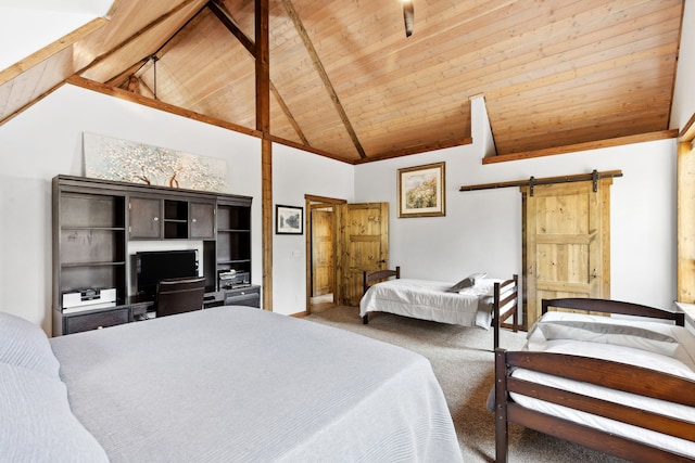 bedroom featuring beam ceiling, a barn door, carpet, wooden ceiling, and high vaulted ceiling